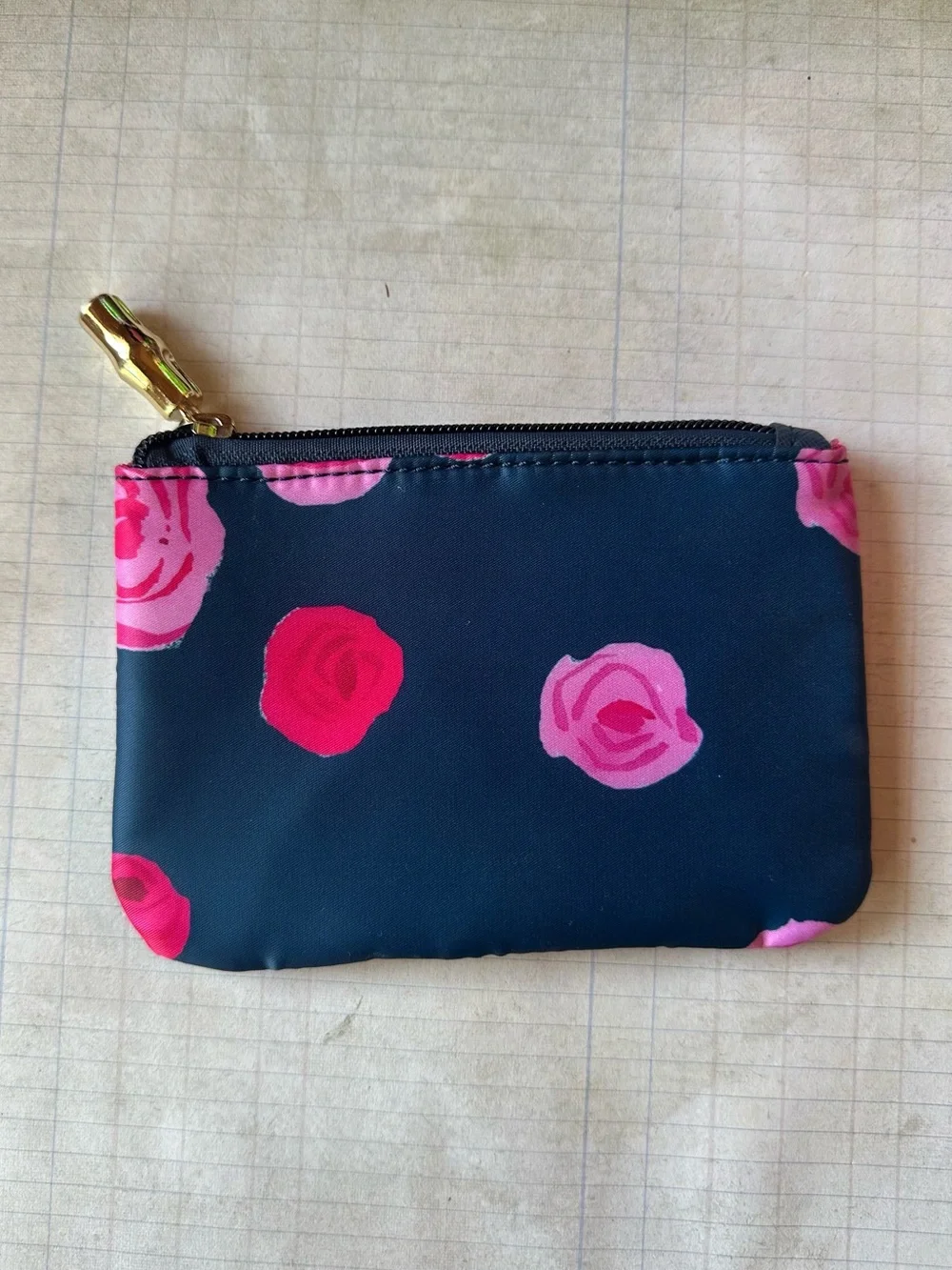 Toss Designs Navy Floral Zip Pouch with Pink Rose Print